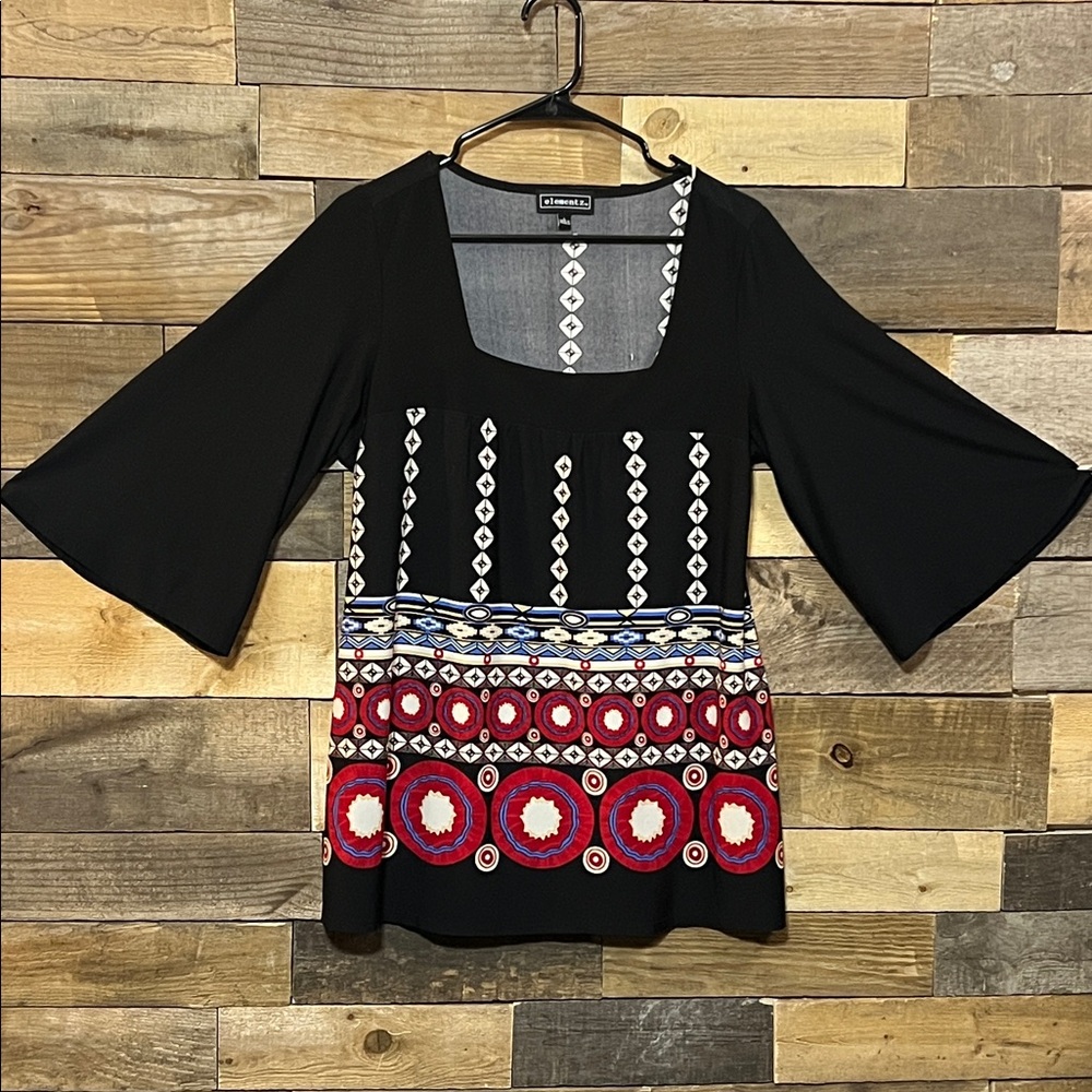 Elementz Womens Large Tunic Blouse Black Red Tan Blue print Bell Sleeve